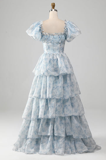 Light Blue A-Line Tiered Ball Dress with Corset